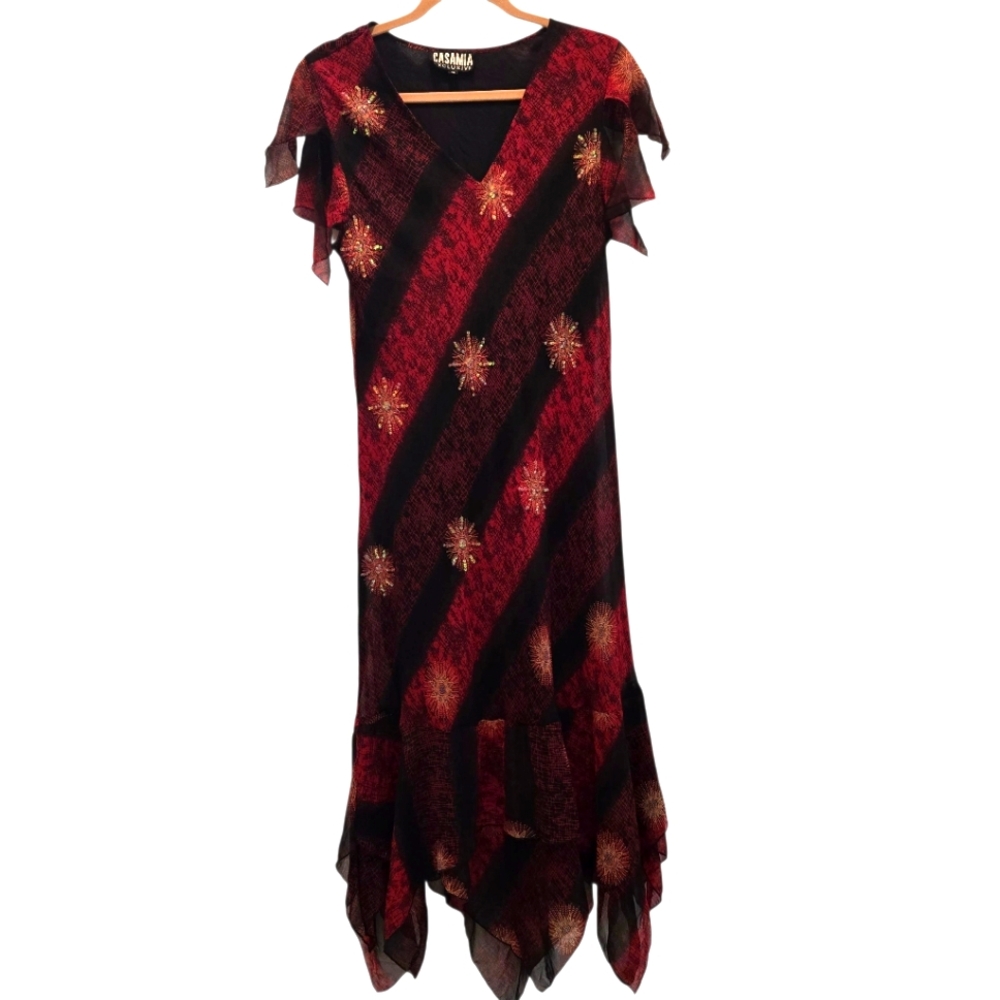 Vintage Y2K Dress 16 Black Red Vneck Sequin Embellished Asymmetrical Dark Fairy